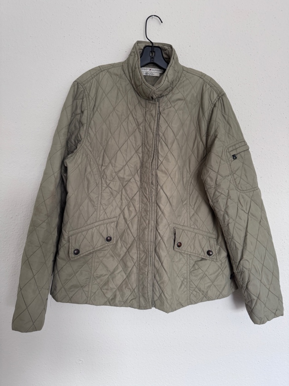 Tommy Hilfiger Army Green Quilted Puffer Jacket Coat Short Womens Size XL